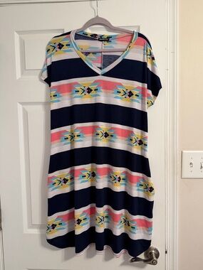 HEIMISH USA Navy Striped Mini Dress with Coral, Yellow & Teal Accents